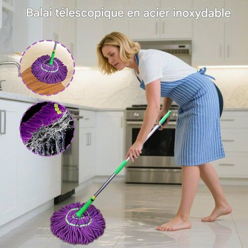 Balai à franges à torsion automatique, serpillère en microfibre, serpillère rotative proprement, poignée rétractable en acier inoxydable